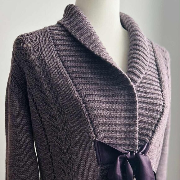 Bianco & Blu Smoky Plum Heather Lacy Knit Wool Cardigan with Satin Tie – EU M - Picture 1 of 11